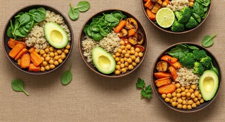 Vibrant Nutrient-Rich Bowls Featuring Quinoa, Fresh Vegetables, and Avocado on a Natural Canvas Background
