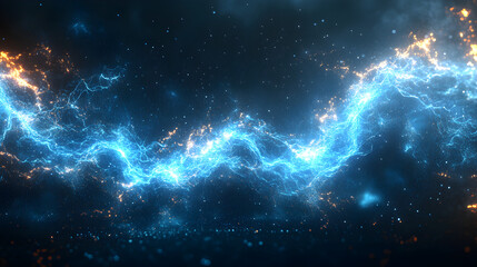 Fototapeta premium Abstract glowing blue energy plasma wave illustration with bright core and dynamic electric particles on dark blue background, evoking futuristic, magical high-tech plasma effects. 16405919 1