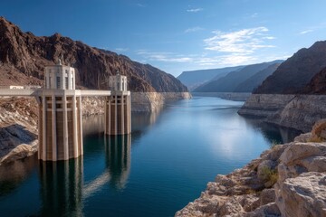 The Hoover Dams intake towers jut into Lake Mead amidst a backdrop of rugged canyon walls and a partly cloudy sky
