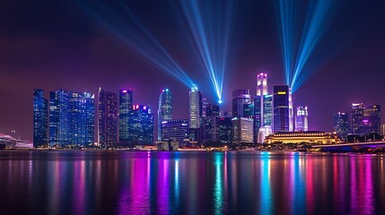 City Skyline at Night with Light Display Reflecting in Water