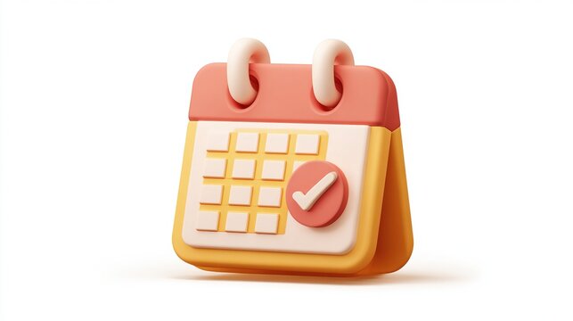 A 3D rendered, pastel orange and yellow desk calendar icon, slightly angled, features a prominent checkmark on one date square signifying completion or scheduling