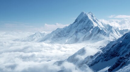 Snow capped mountain peak rising above the clouds under a clear blue sky