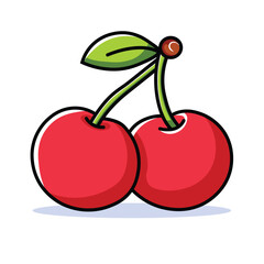 Illustration Vector Graphic Cartoon of Fresh Red Cherries with Green Leaves
