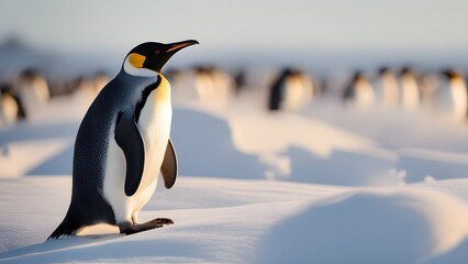 Group of penguins standing and walking peacefully on thick snow in natural habitat
