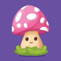 Cute Cartoon Mushroom with Smiling Face and Bushy Green Grass