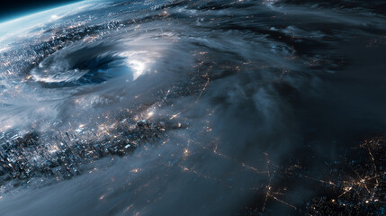 台風の雲がかかる都会の夜景
