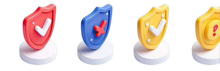 Three 3D shield icons, red, blue, and yellow, on white pedestals, showing check mark, X mark, and question mark