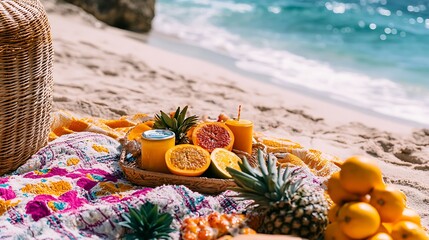 Picnic on Sandy Beach with Fresh Fruit and Tropical Drinks