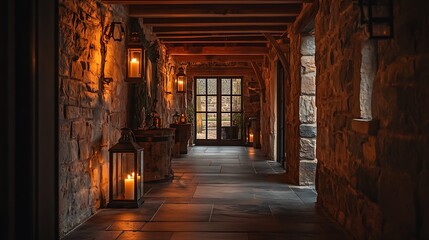 Hallway Lit by Lanterns Inside Stone Building