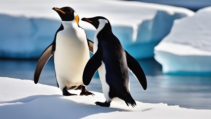 Energetic penguins one by one leap into icy water from iceberg under polar sky