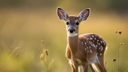 White-tailed deer fawn standing quietly in forest meadow during early morning light