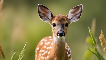 Cute white-tailed fawn calmly walking through green forest clearing in daylight
