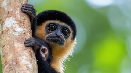 Fototapeta premium close image of Yellow Cheeked Gibbon monkey mother with child in the forest