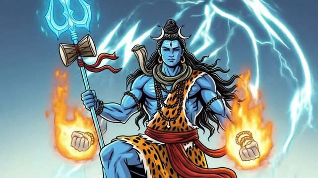 Dynamic portrayal of the Hindu god Shiva with trident fire and lightning on mountain peak powerful