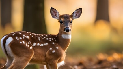 White-tailed deer fawn looking alert in peaceful nature scene with tall trees