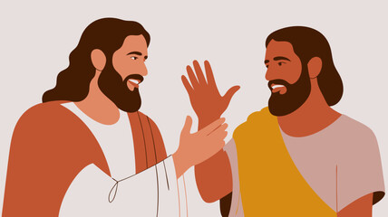 Fototapeta premium Two men in conversation illustration, human figures with similar appearance laughing and smiling