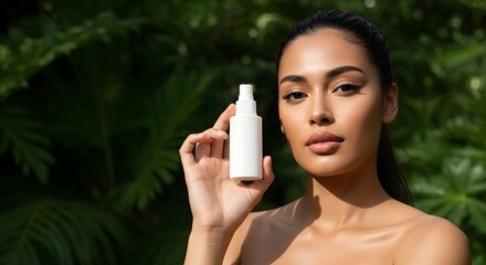 Beautiful Woman Holding Skincare Product Bottle Outdoors