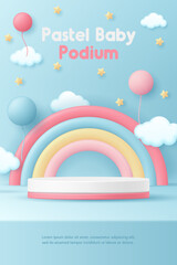 3D pastel baby podium stand with cute rainbow, balloon in blue background. Banner for children clothes toy shop, fashion discount promotion sale advertising, online store, kids product display, social