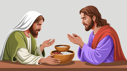 Two Beared Men Pray Before Meal Representing Spiritual Unity And Thanksgiving For Blessings