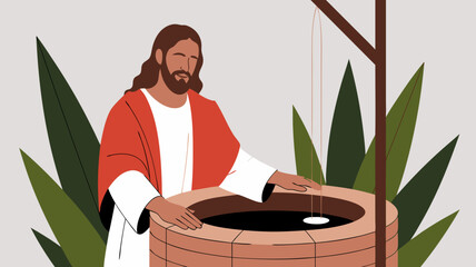 Illustration of a religious figure at a well with plants in a minimalist style