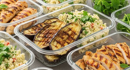 Healthy Meal Prep with Grilled Chicken, Couscous, and Grilled Eggplant in Clear Containers for Easy Storage and Organization