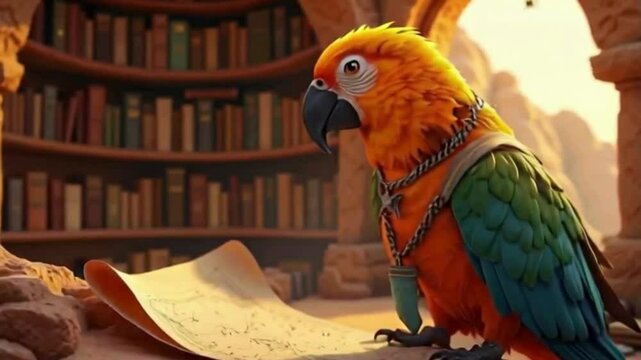 Explore the ancient library with a distinguished parrot scholar, delving into old maps and forgotten lore among the towering bookshelves and desert ruins.