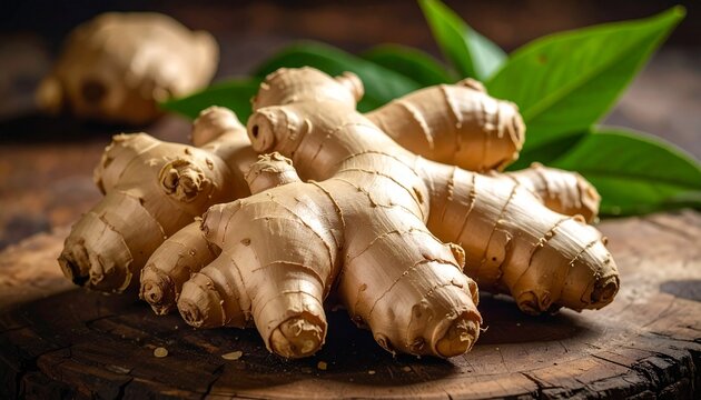 Close up of fresh ginger root harvested on a textured surface.