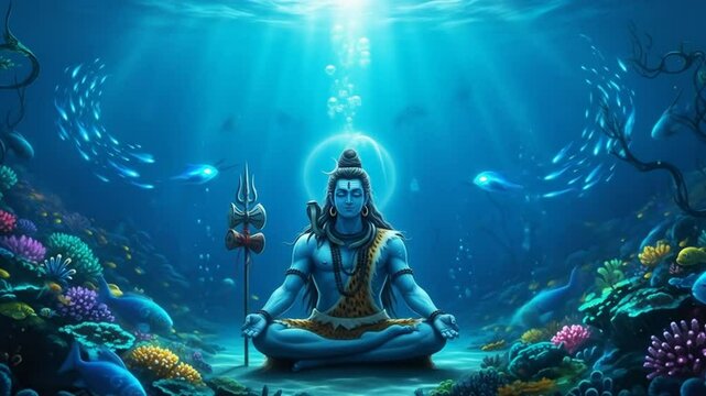 Sacred submersion mystical divinity meditating beneath sunlit ocean waves among vibrant marine life