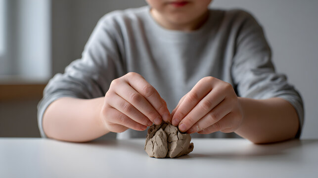 A child hands carefully molds clay on a plain surface. A simple yet captivating scene of creativity and focused activity - Powered by Adobe