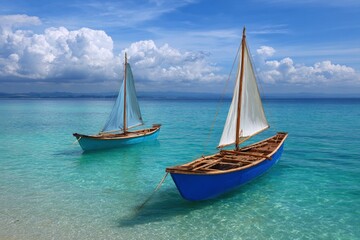Two blue sailboats float in shallow clear turquoise water under a bright sky with large cumulus clouds