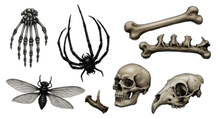 A collection of intricately designed skeletal elements including a skull, bones, and insects, set against a transparent background