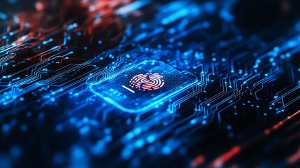 Digital Fingerprint Scanning on Glowing Circuit Board Closeup