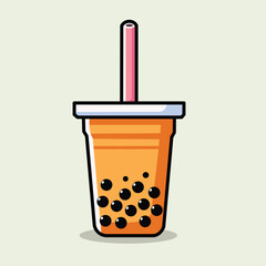 Illustration Vector Graphic Cartoon of Bubble Tea with Pink Straw in Plastic Cup