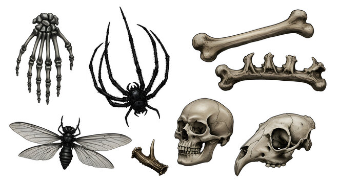 A collection of intricately designed skeletal elements including a skull, bones, and insects, set against a transparent background