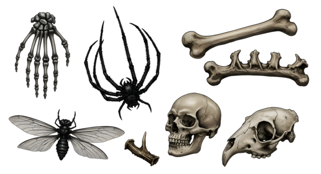 A collection of intricately designed skeletal elements including a skull, bones, and insects, set against a transparent background