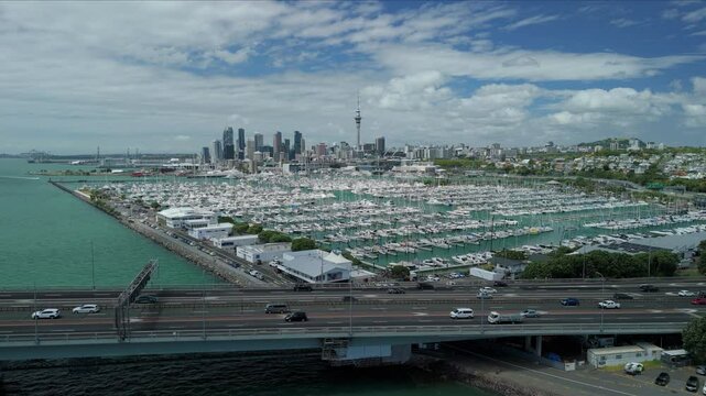 Aerial rising shot of Auckland of New Zealand in daytime
