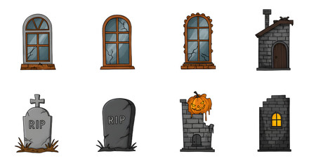 A collection of spooky Halloween-themed illustrations featuring broken windows, gravestones, and a haunted house with a pumpkin