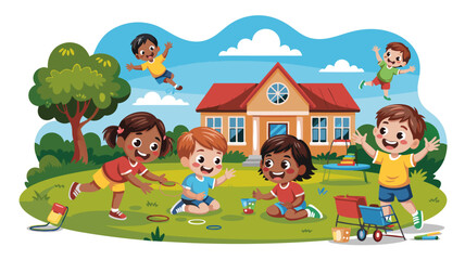 Whimsical depiction of diverse children engaging in outdoor games and enjoyment.