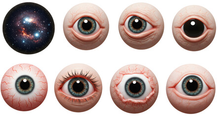 A collection of various eye designs showcasing different styles, colors, and textures against a cosmic background