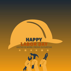Labor Day Graphic with Helmet, Tools, and Raised Worker Hands