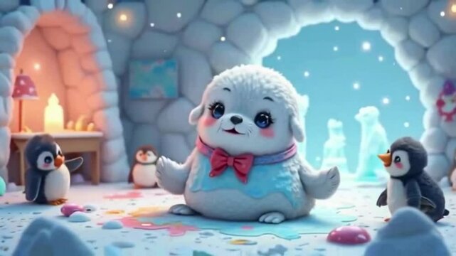 Animated arctic scene featuring a cute baby seal with penguins inside an igloo, creating a winter wonderland perfect for holiday backgrounds and cheerful animated projects.