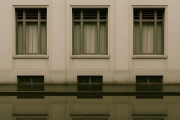 Old Art Deco Hospital Façade with Three Identical Window Sets and Rain Reflections on the Sidewalk