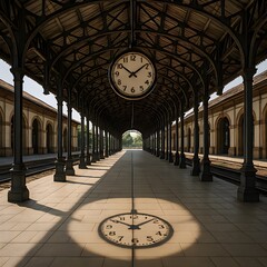 Open Corridor in an Old Train Station with Steel Frame Symmetry and Hanging Analog Clock Shadow