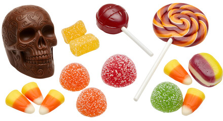 A colorful assortment of candies including lollipops, gummy skulls, and candy corn, perfect for Halloween celebrations