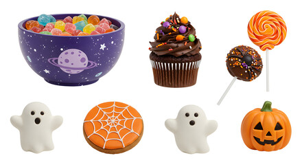 A colorful assortment of Halloween-themed treats including candies, cupcakes, and cookies, set against a festive backdrop