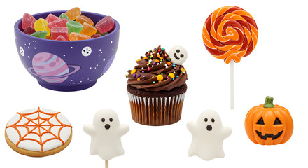 A colorful assortment of Halloween-themed treats including a cupcake, lollipops, and ghost-shaped candies in a festive bowl