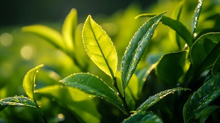 Fresh Green Leaves with Water Droplets Sparkling in Sunlight