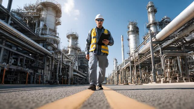 A Dedicated Industrial Worker Walking Through a Modern Oil Refinery Facility