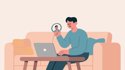 Illustration depicting a man having a video conference call on his laptop while relaxing on a sofa