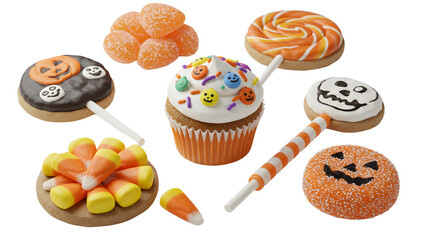 A festive assortment of Halloween-themed treats including cookies, candy, and a decorated cupcake on a clean background